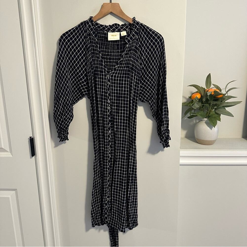 Anthropologie Maeve Navy White Striped Long Sleeve Belted Mini Dress Small - Picture 9 of 11